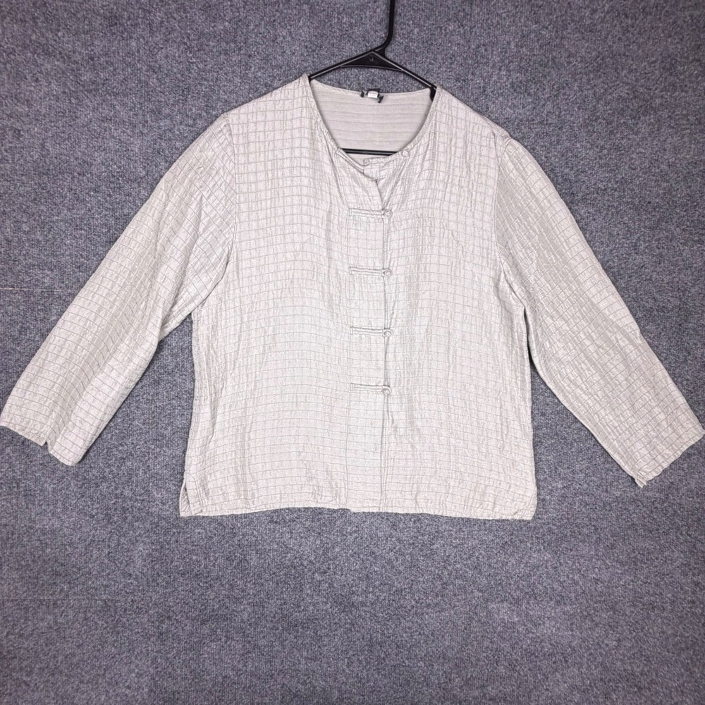 Eileen Fisher Silk Linen Frog Button Grid Texture Jacket Silver Grey Small